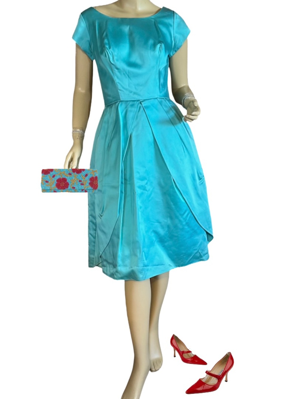 VINTAGE 1950'S AQUA BLUE SATIN BUBBLE HEM PARTY DRESS (S)